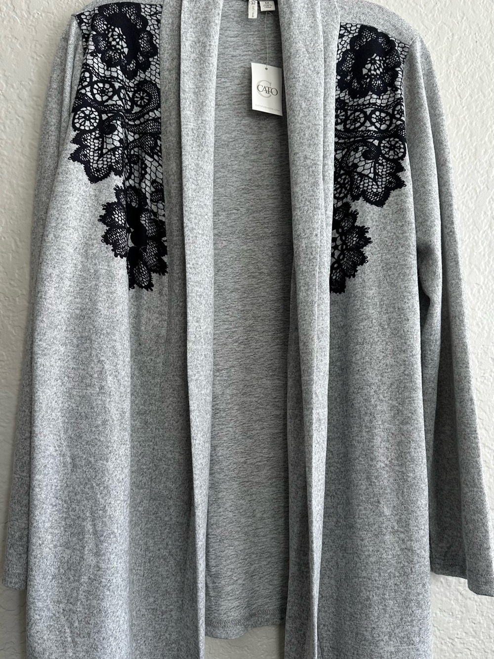 Cato Gray Cardigan with Black Lace Shoulder Detail